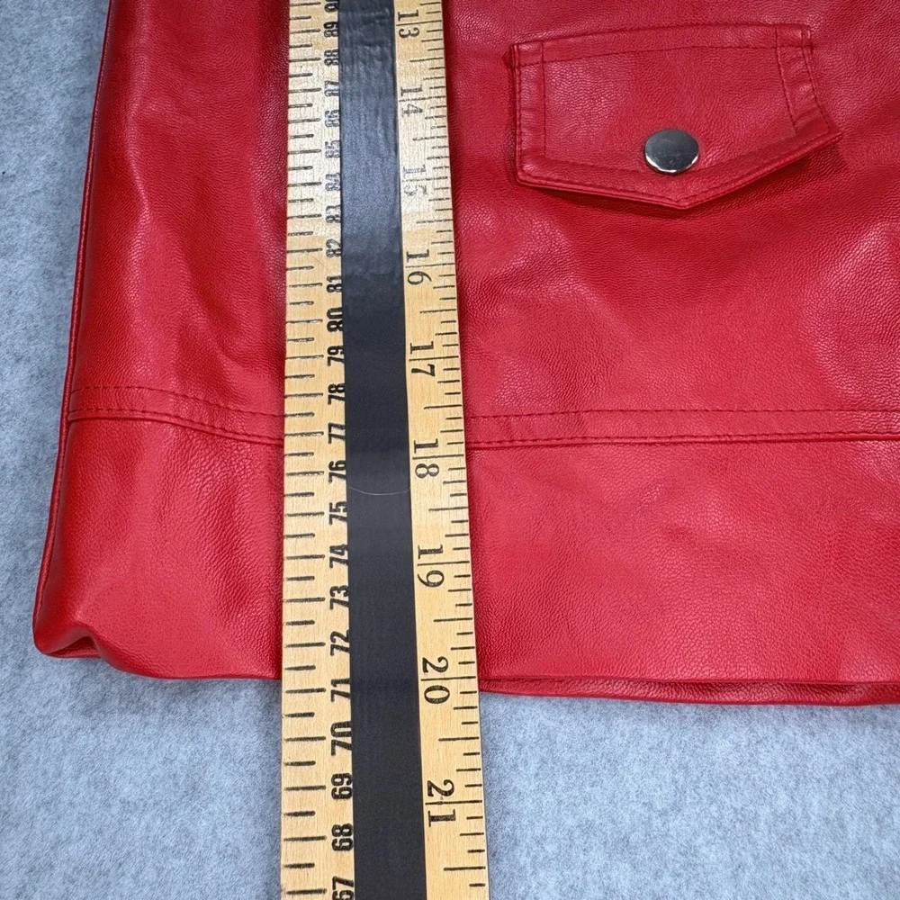 Red Faux Leather Moto Vest Asymmetrical Zip Biker Jacket Sleeveless Red Size 150